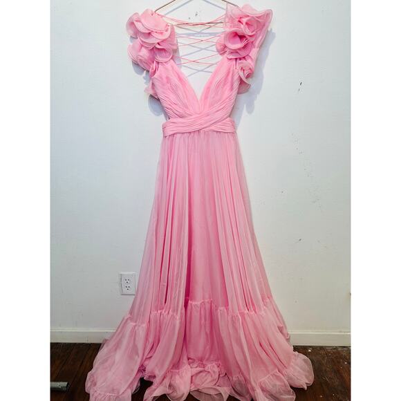 MAC DUGGAL Blush Pink Ruffle Tiered Cut-Out Back Lace Up Maxi Dress Size 2 NWT - Picture 4 of 12